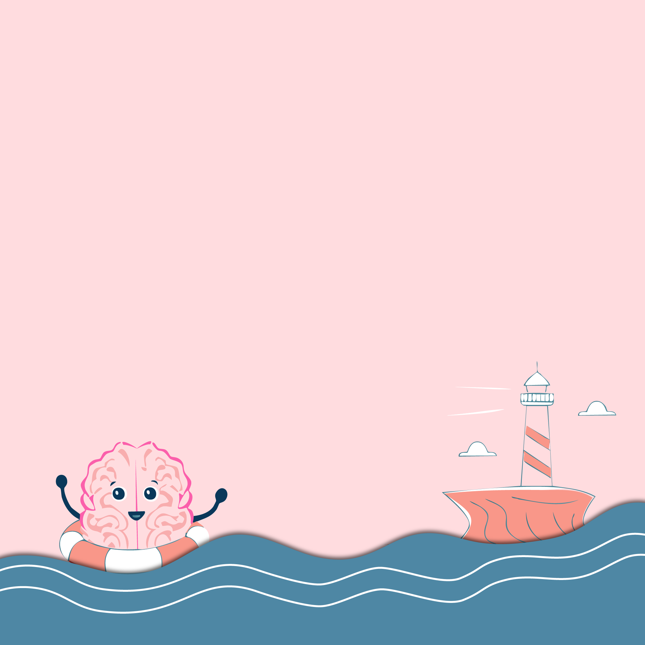Illustration of a brain floating towards lighthouse