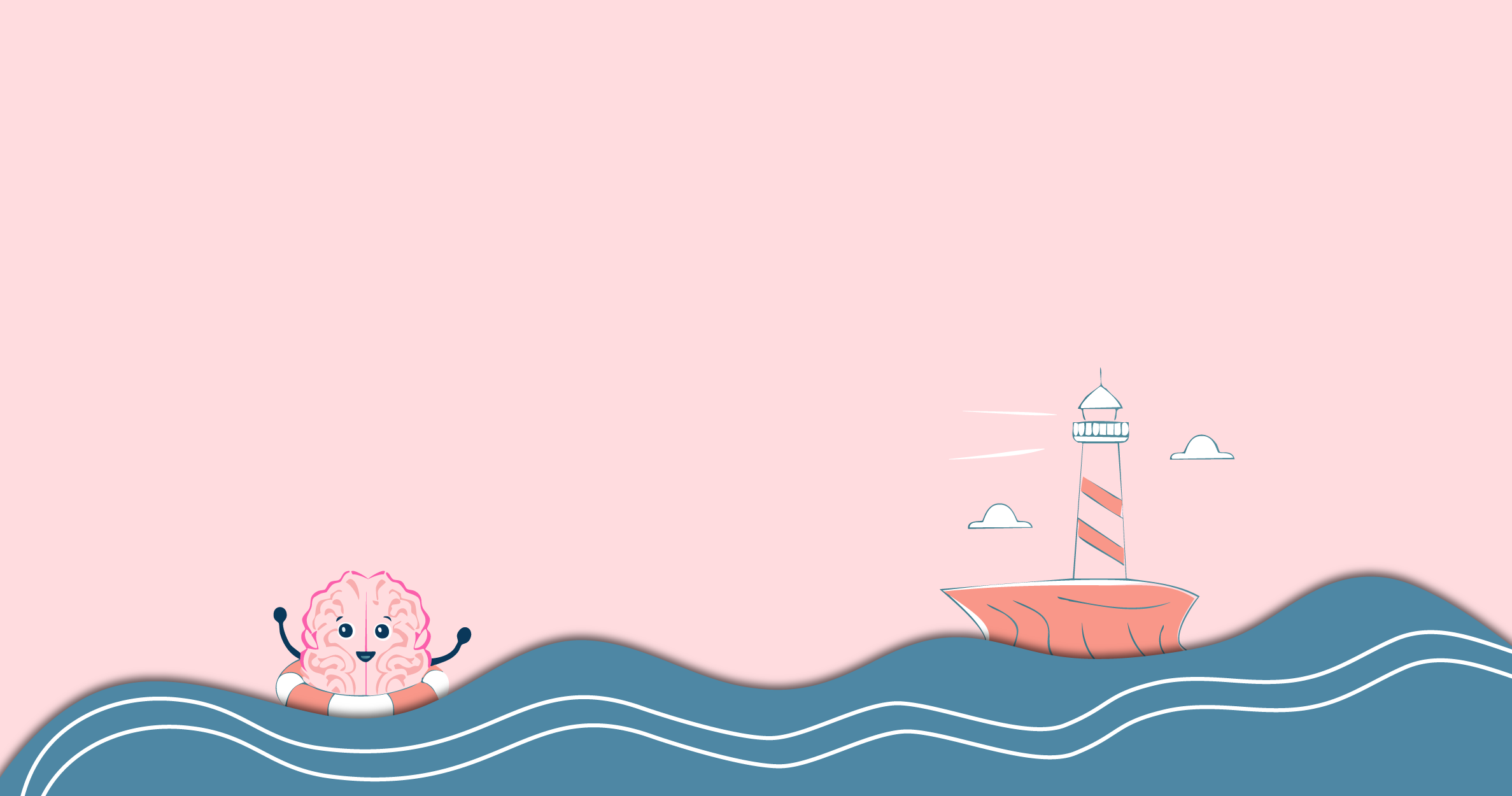 Character illustration of a brain floating towards lighthouse