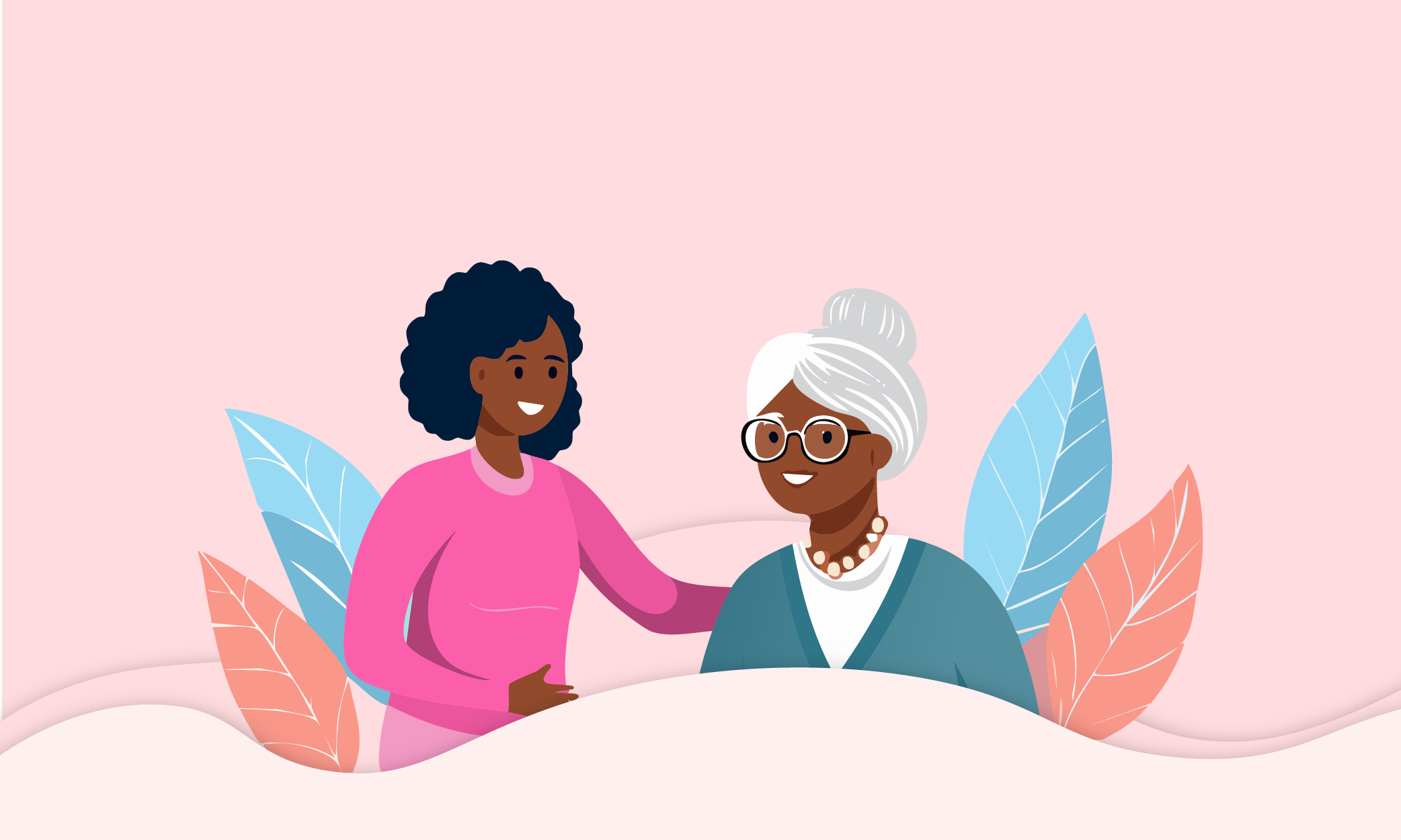 Character illustration of a caregiver and an elderly woman